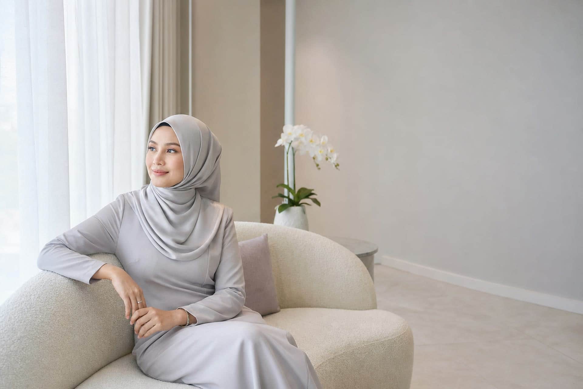 Suasana editorial klinikal mewah dalam persekitaran atelier kecantikan peribadi