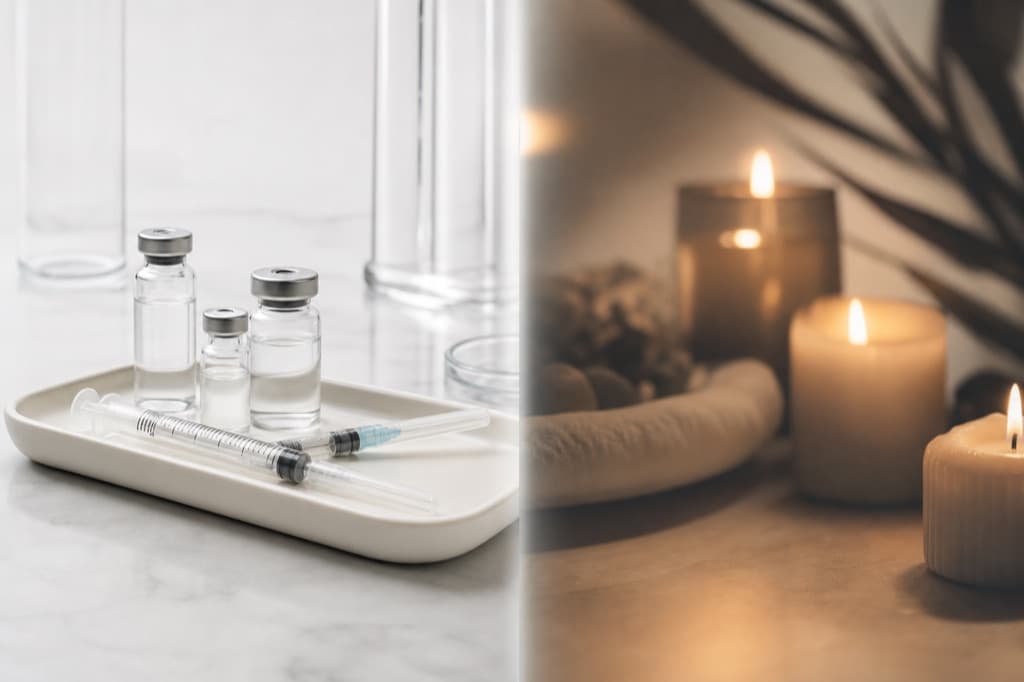 Imej editorial selamat jenama untuk Dikendalikan Doktor vs Salon Kecantikan: gaya visual pelbagai, suasana klinikal ivory sejuk, tiada teks boleh dibaca