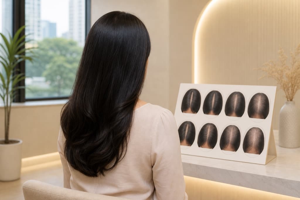 Branding-safe editorial image for Female Hair Thinning Causes: varied visual style, cool ivory clinical atmosphere, no readable text