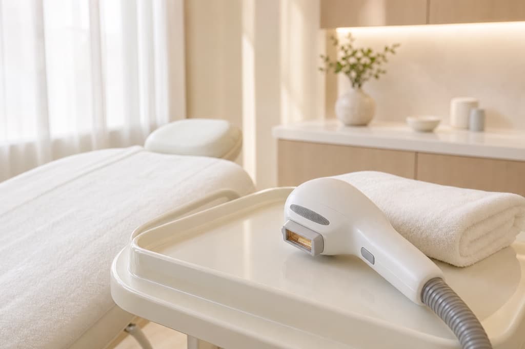Branding-safe editorial image for IPL Hair Removal Expectations: varied visual style, cool ivory clinical atmosphere, no readable text