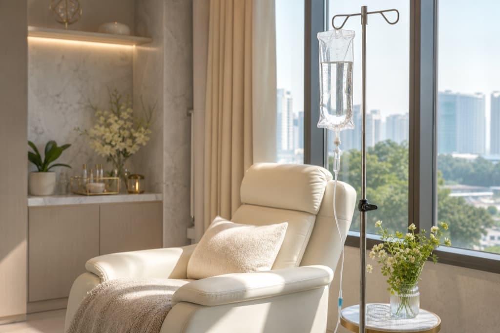 Branding-safe editorial image for IV Vitamin Therapy Guide: varied visual style, cool ivory clinical atmosphere, no readable text