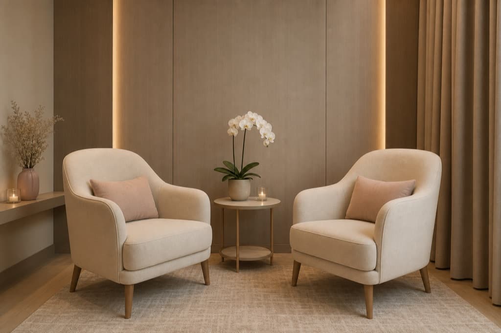 Imej editorial selamat jenama untuk Konsultasi Wellness Wanita Peribadi: gaya visual pelbagai, suasana klinikal ivory sejuk, tiada teks boleh dibaca