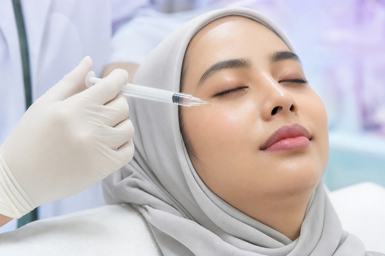 Konsultasi skin booster dikendalikan doktor: picagari estetik halus disediakan berhampiran pipi pesakit